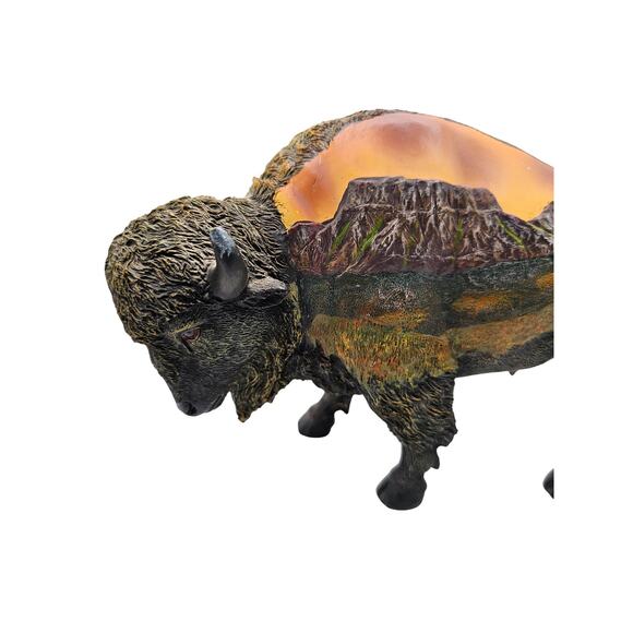 Vintage Buffalo Bison Resin Figurine Sculpture w/ Sunrise Sunset Painted On Side - Picture 2 of 7